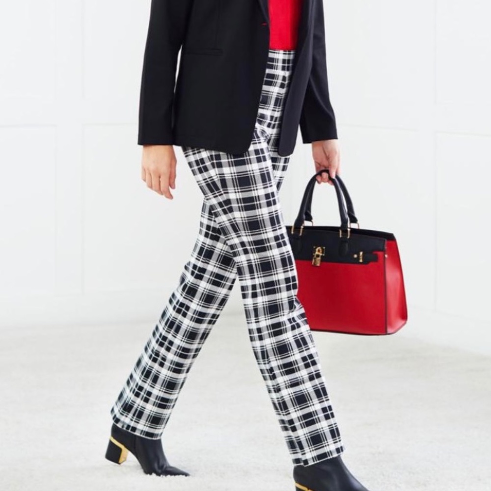 New Women’s IMAN Pant Slim Ponte Pull On Boot Cut Global Chic 360 Black White XS